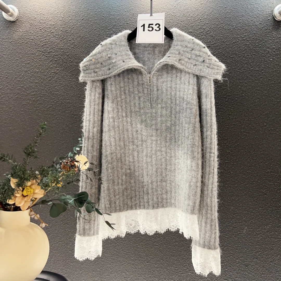 高端定制153 慵懒翻领宽松毛衣