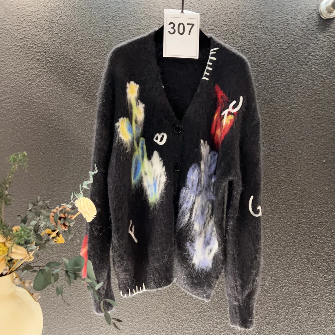 高端定制307 慵懒风印花V领开衫