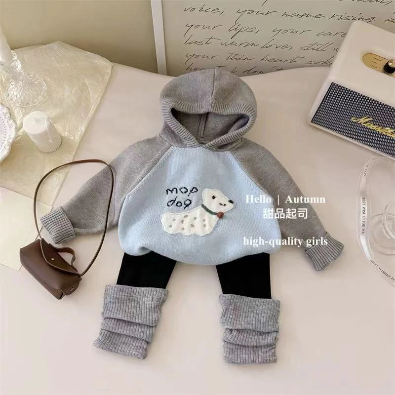 韩版童装宝宝拼色毛衣女童连帽卡通小狗洋气新款针织衫儿童上衣