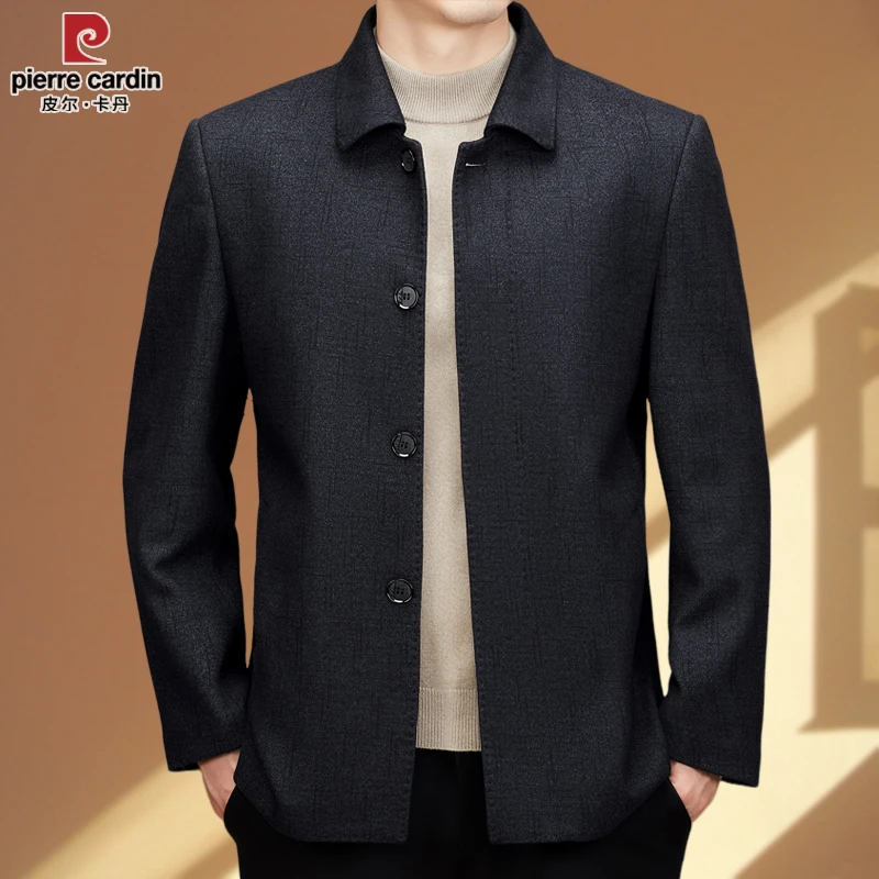 皮尔卡丹2024春秋新款男士休闲外套中老年高档毛呢夹克爸爸装上衣
