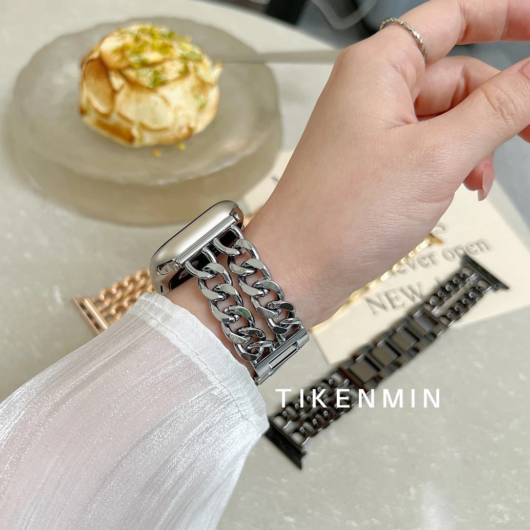 适用iwatch手表带苹果S98女款高级感45mm金属牛仔链子applewatch