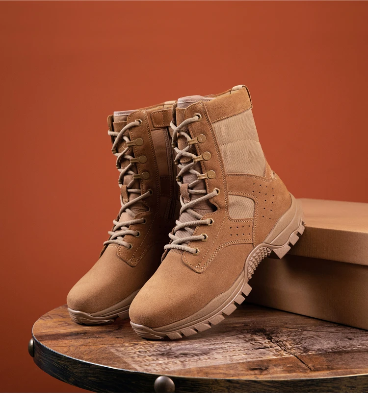 新式棕色作战靴超轻高帮侧拉链登山靴战术靴耐磨训练靴保安劳保靴