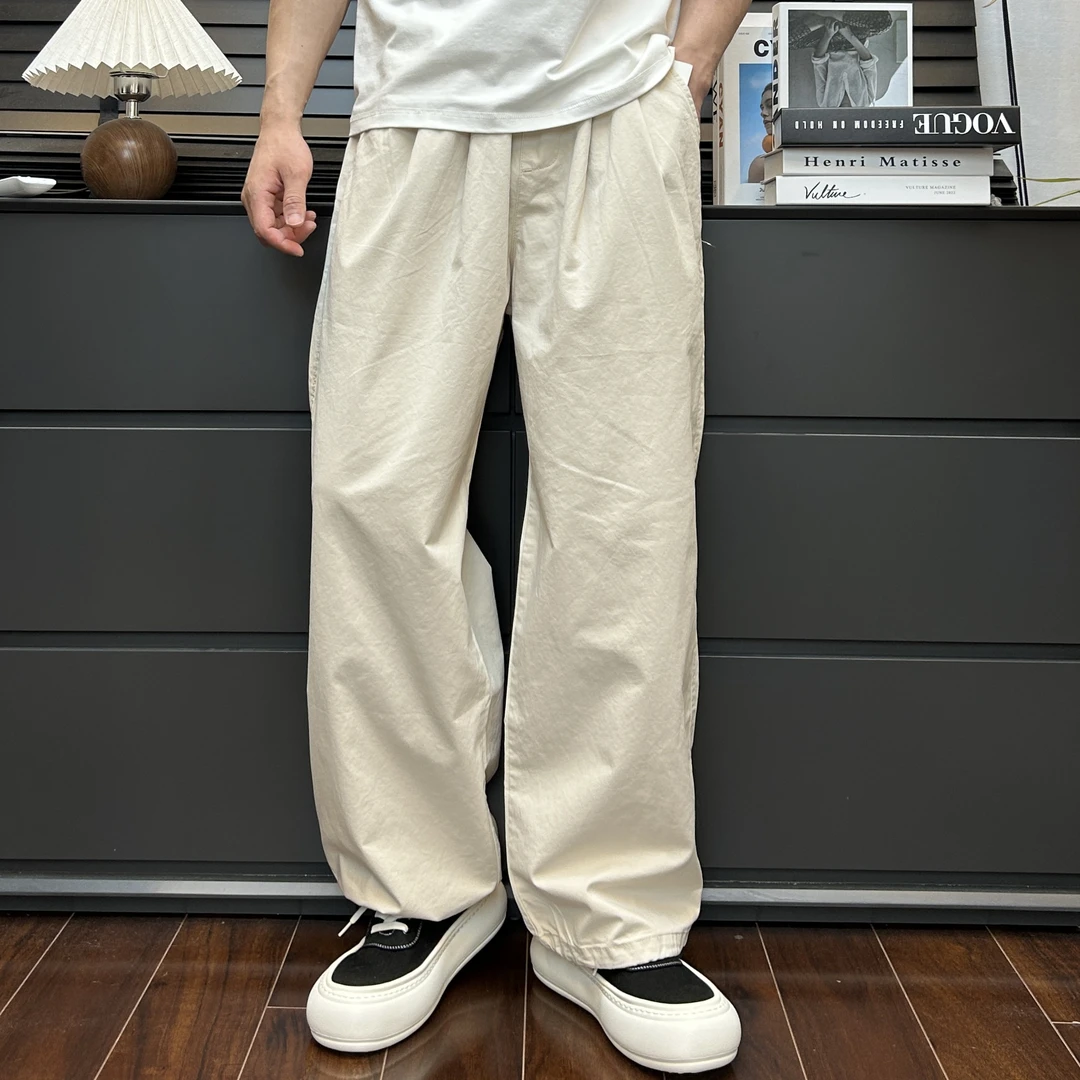 夏季薄款纯棉阔腿裤男复古系绳休闲裤百搭日系纯色男士宽松长裤