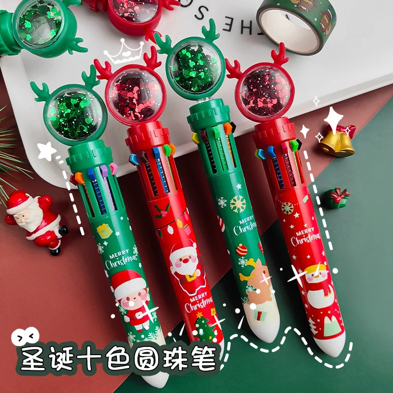圣诞快乐主题十色圆珠笔学生按压式彩色笔圣诞老人按动圆珠笔0.5