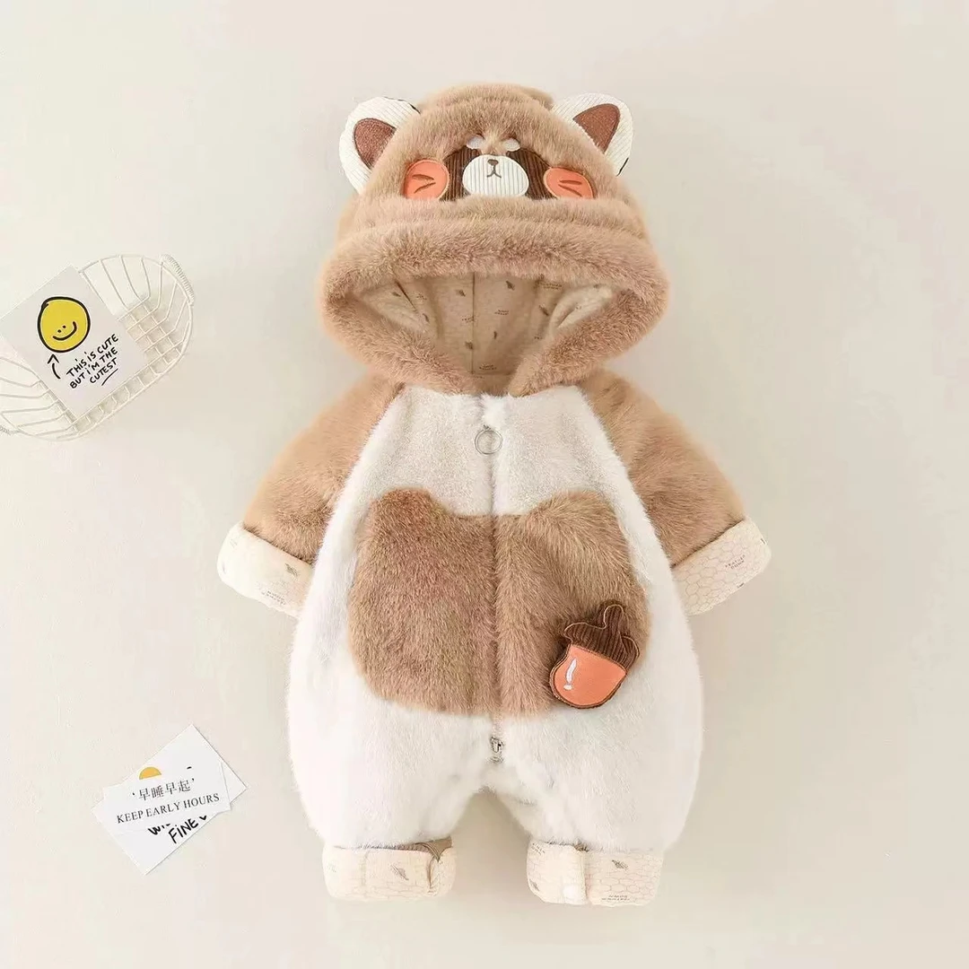 X【优选】宝宝加绒加厚冬款浣熊衣冬季哈衣新生儿男女宝婴儿外出LY