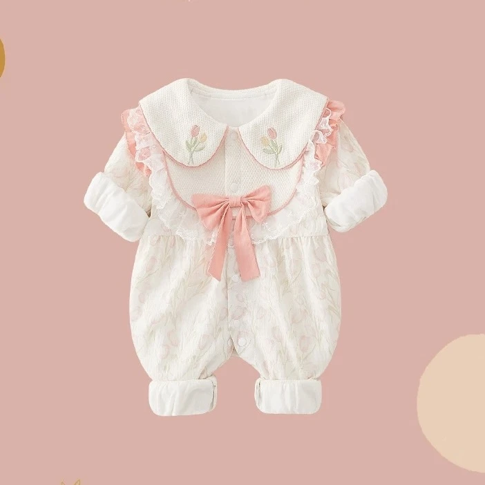 C【优选】春秋双层水仙花连体衣女宝洋气公主哈衣可爱外出爬服LY