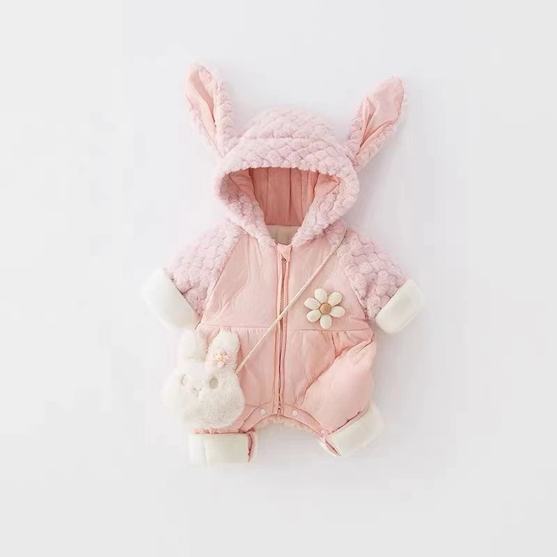 X【优选】婴儿衣服冬装女宝连体衣兔子哈衣加绒加厚夹棉冬季外出WX