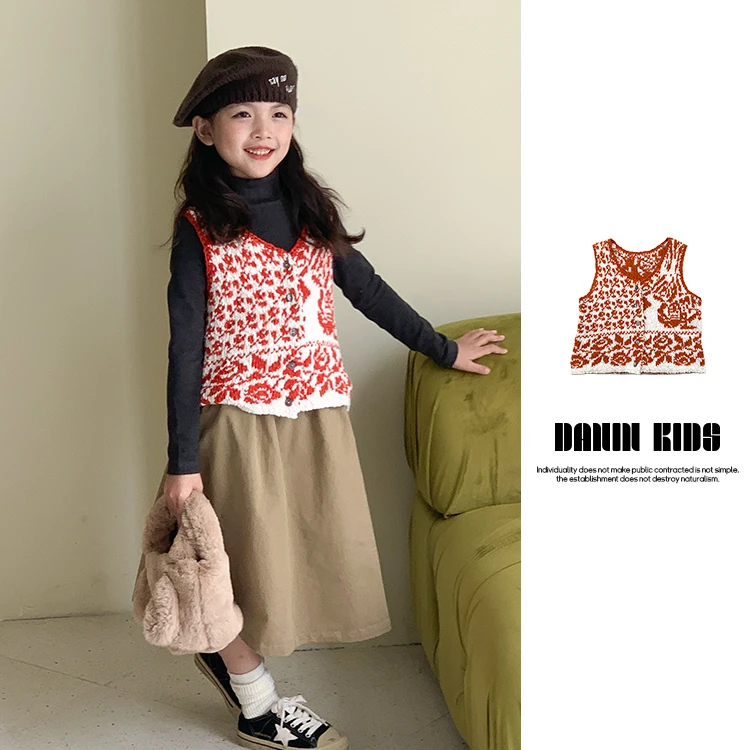 【嗒囜】男女童秋冬民族风开衫针织背心外穿时尚内搭马甲237639