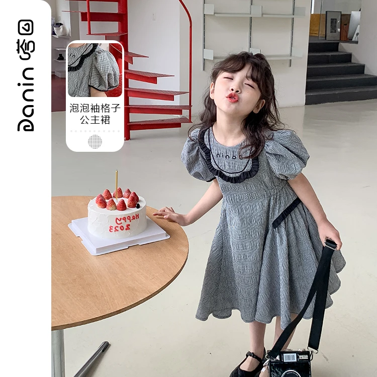 【嗒囜】女童泡泡袖格子收腰洋气公主裙夏法式拼接气质连衣裙