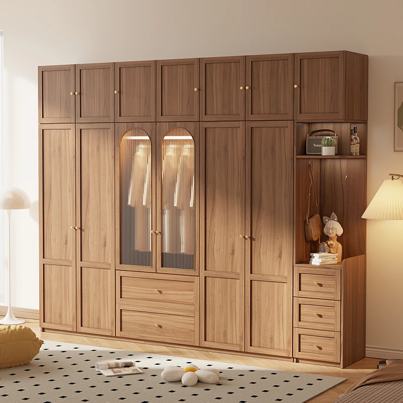 平开门衣柜家用卧室小户型现代简约经济型北欧胡桃色玻璃门大柜子