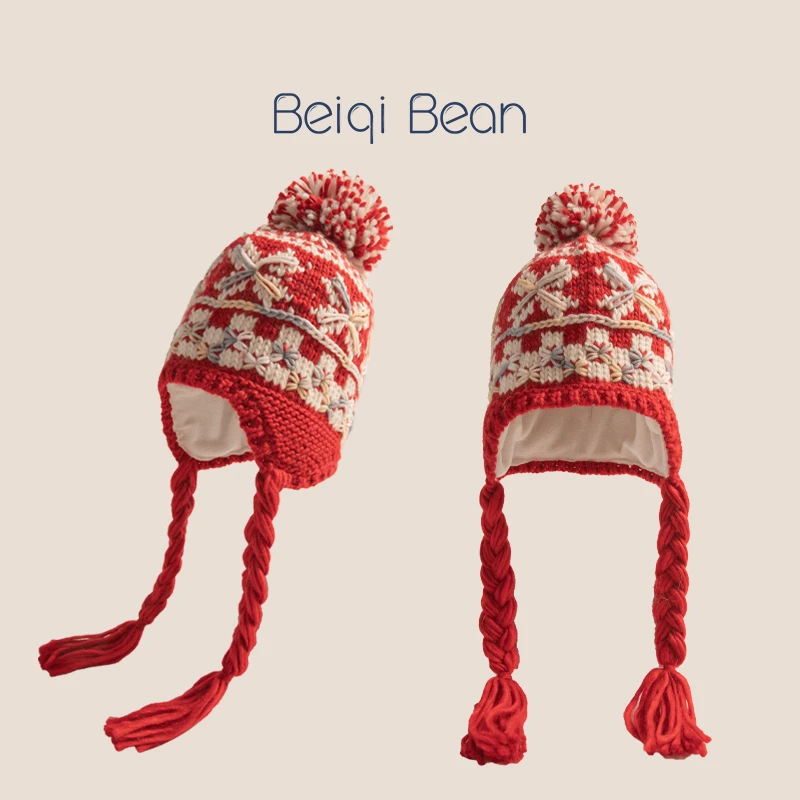 儿童帽子秋冬手工加绒保暖针织帽男女宝宝亲子洋气喜庆护耳毛线帽