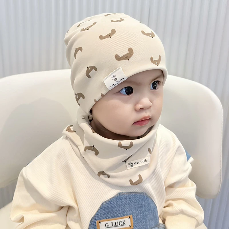 婴儿帽子围脖两件套秋冬季纯棉男女宝宝套头防风新生护囟门堆堆帽