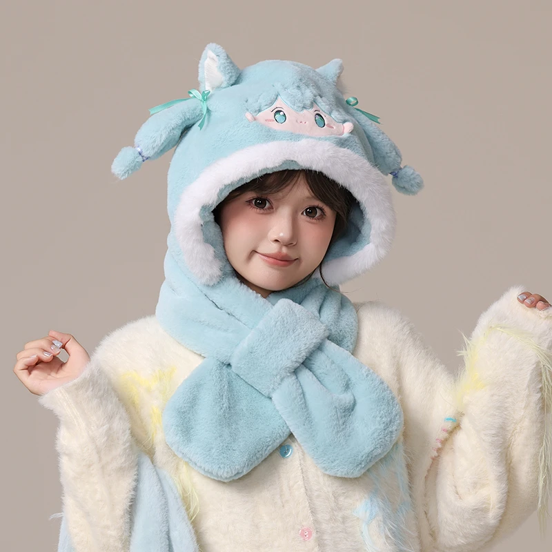 可爱初音未来帽子围巾一体女冬季毛绒保暖冬帽耳朵会动的护耳连帽