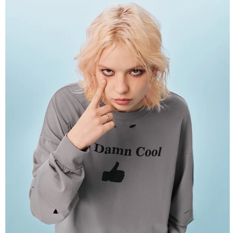 GOST24SS “So Damn Cool”水洗slogan长袖T恤剪破情侣男复古春