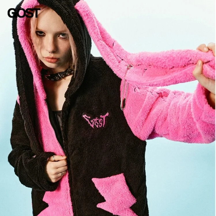GOST【王琳凯同款】兔耳朵撞色刺绣闪电口袋羊羔毛外套宽松情侣男女