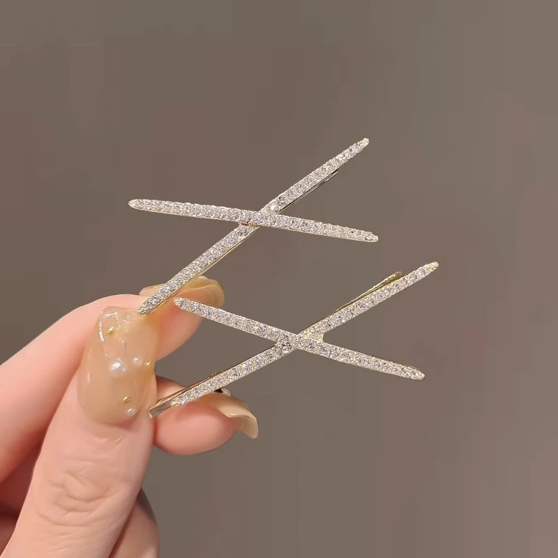 2024爆款简约百搭交叉一字发夹精致满钻网红ins发卡刘海侧边夹子