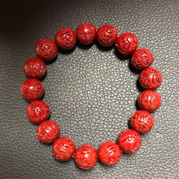 天然辰砂292朱砂紫金砂高含量12mm六字真言手串