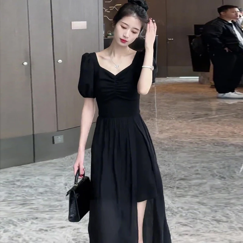 胖mm法式V领露锁骨短袖连衣裙女夏季设计感收腰显瘦开叉长裙1478