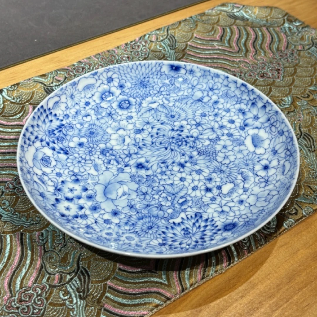 景德镇手绘玉泥青花万花壶承直径16厘米