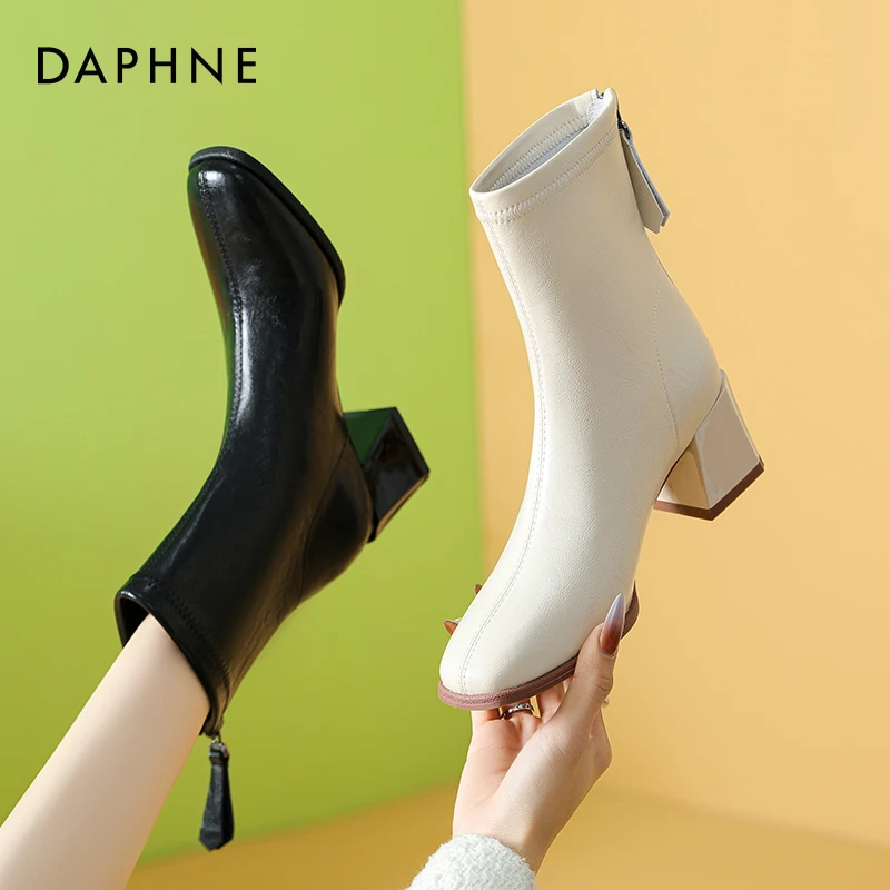 达芙妮真皮黑色短靴2024年秋冬经典百搭粗跟牛皮高跟女短靴粗跟