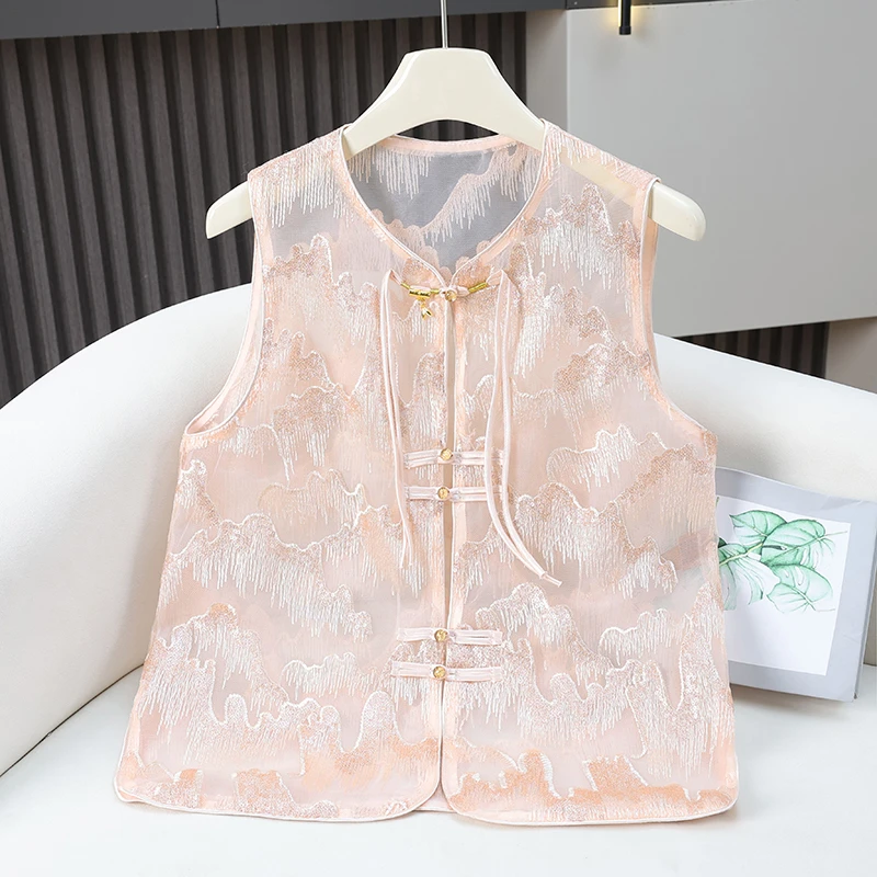 【观山】2025新款夏季国风上衣马甲新中式V领绣花薄款马夹外套女装1