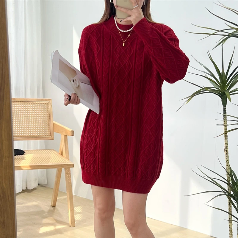 2024秋冬新款中长款麻花针织衫宽松慵懒风半高领毛衣套头上衣打底