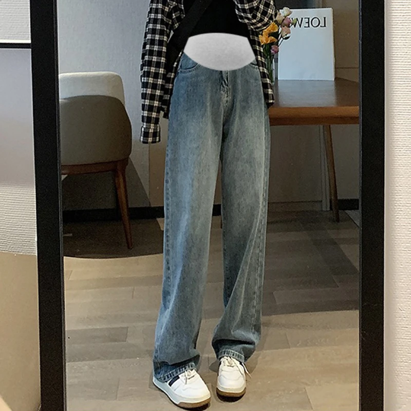 孕妇阔腿牛仔裤宽松秋款外穿显瘦垂感直筒拖地裤潮妈高腰托腹长裤