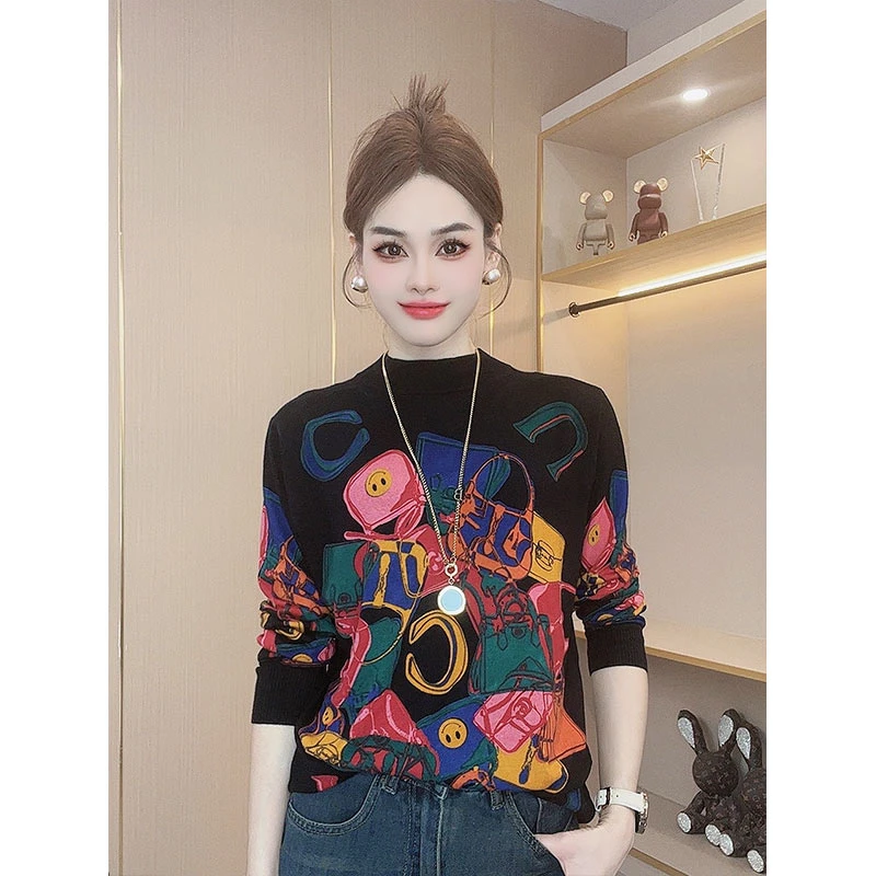 秋冬时尚新款加厚保暖长袖圆领宽松百搭显瘦套头打底针织衫上衣女