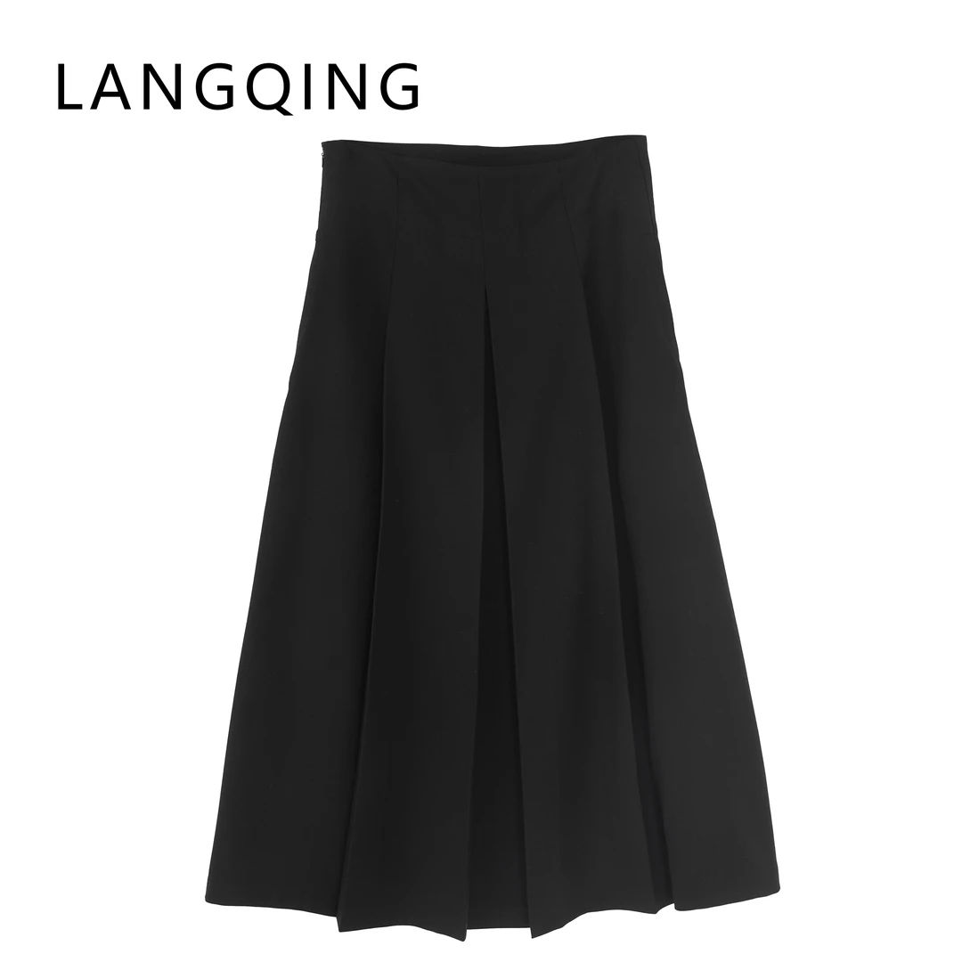 LANGQING 黑色小个子高腰显瘦秋装季中长款百搭舒适半身裙43036#