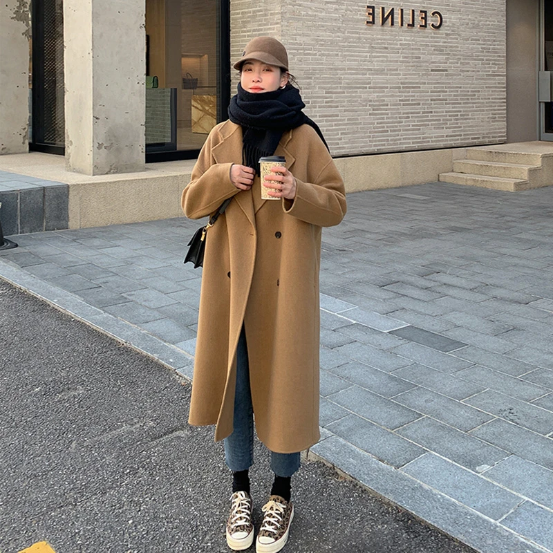 驼色双面呢子大衣女秋冬新款小个子赫本风宽松百搭毛呢外套中长款