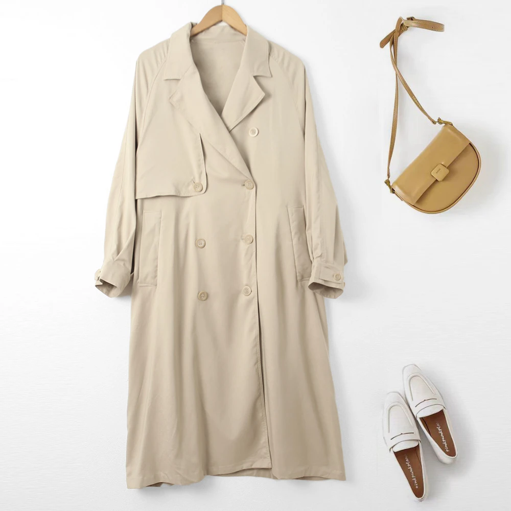 秋季新款女士翻领双排扣宽松风衣外套时尚显瘦AA469简约百搭