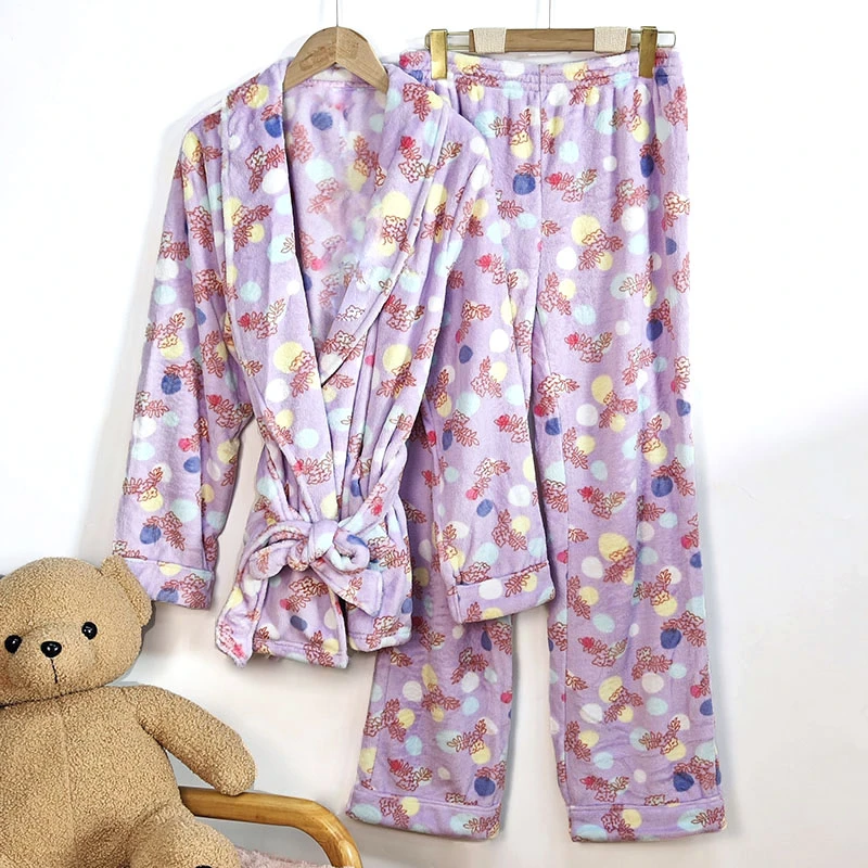 CC656 睡衣睡裤 女士法兰绒系带式浴袍 长袖长裤秋冬保暖宽松大码