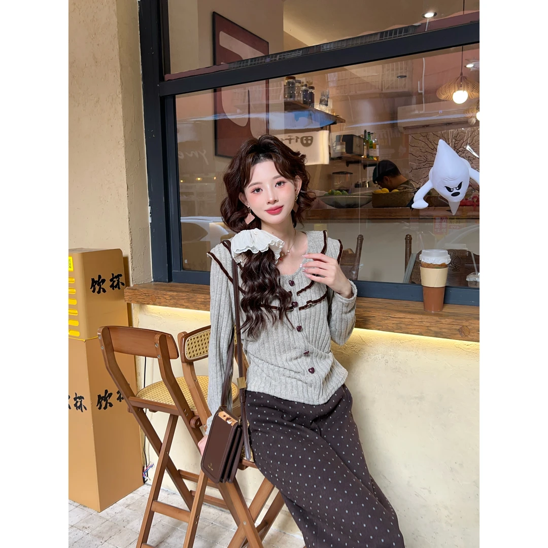 温敏er【桃桃糯米】港风复古纯色长袖上衣MX9019169