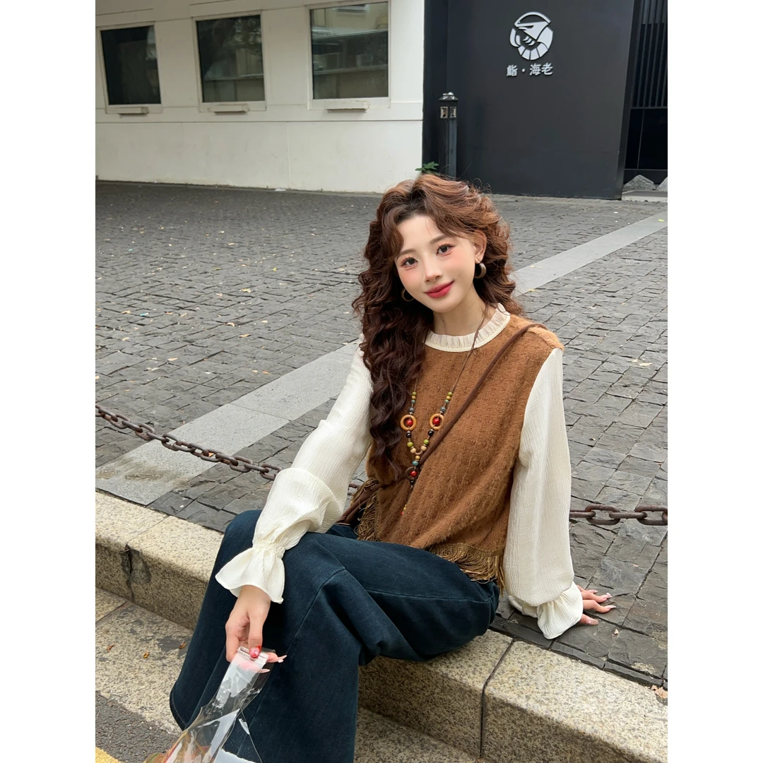 温敏er【暖意环绕】港风复古拼接针织慵懒宽松磨毛针织MG8210001