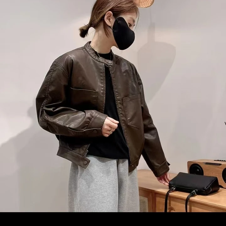 小个子黑色Pu皮衣外套女短款秋季2025新款高级感时尚宽松夹克上衣