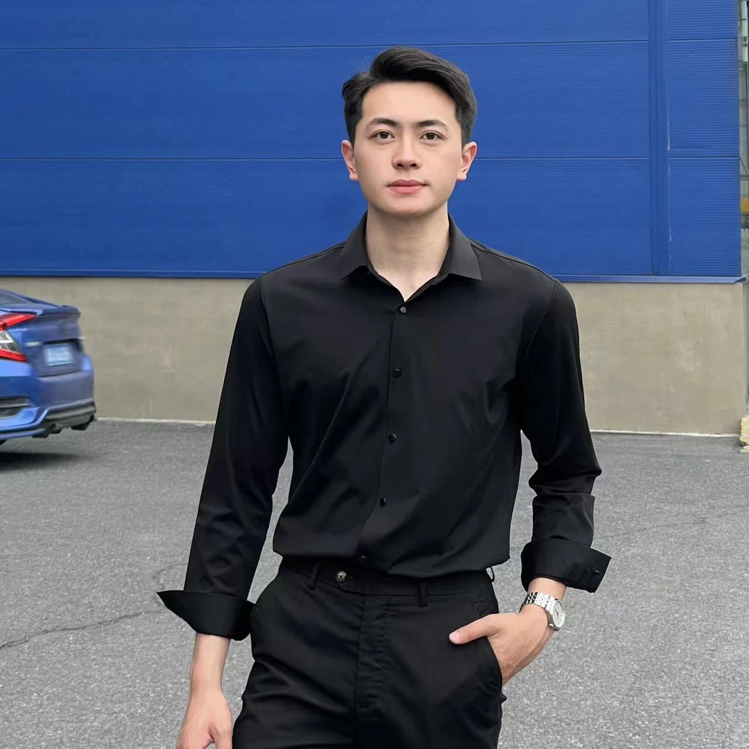 Aresdate（吕飞视频同款黑色衬衫)休闲黑色四面弹超弹性抗皱免烫