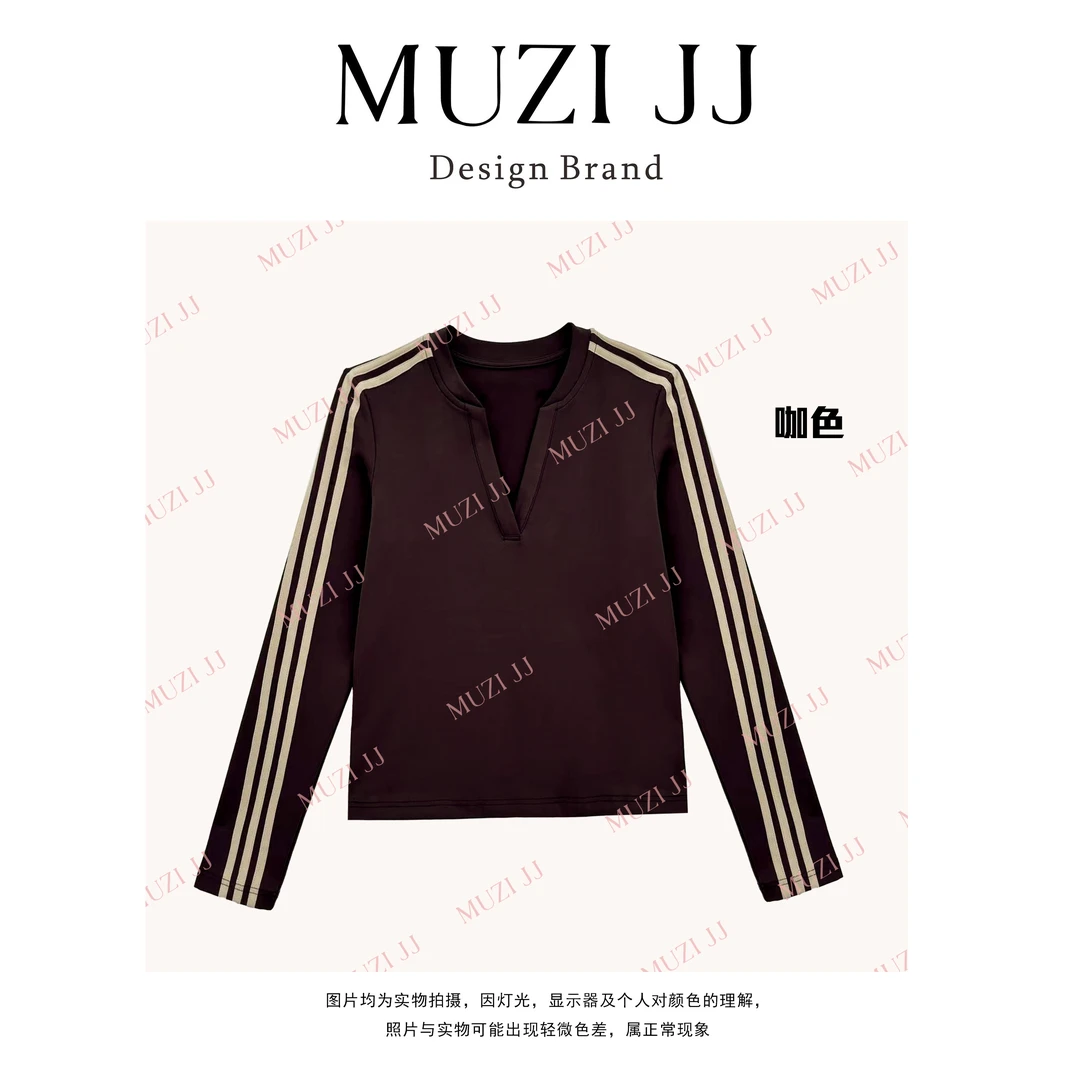 MUZI复古小众设计款修身V领撞色三条杠长袖T恤28043