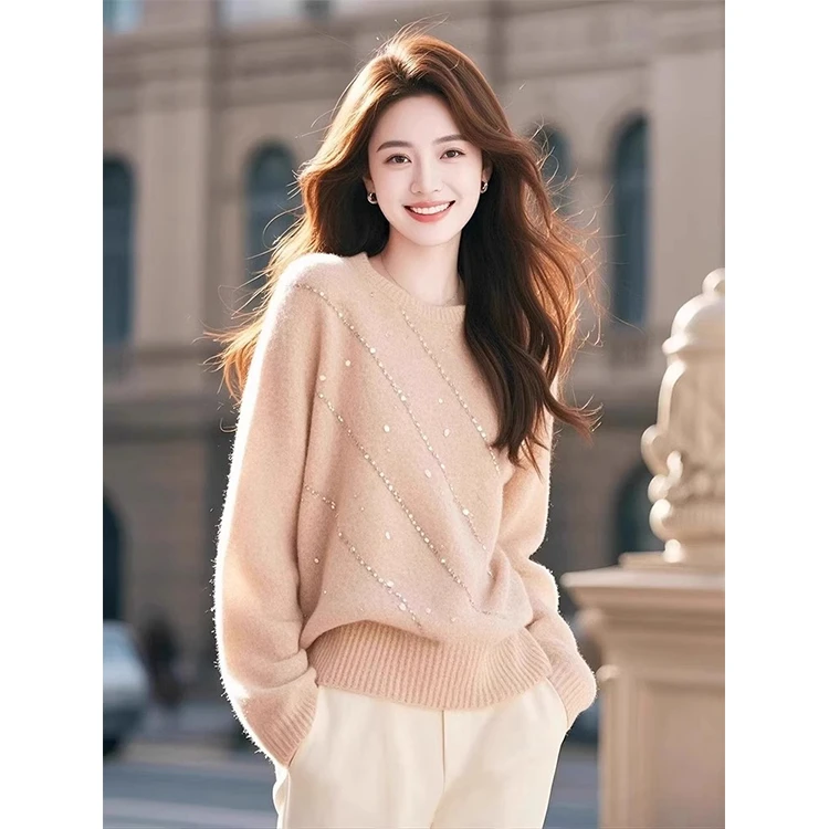 宽松软糯慵懒风奶fufu氛围感高级感淑女气质藕粉色毛衣秋冬季新款
