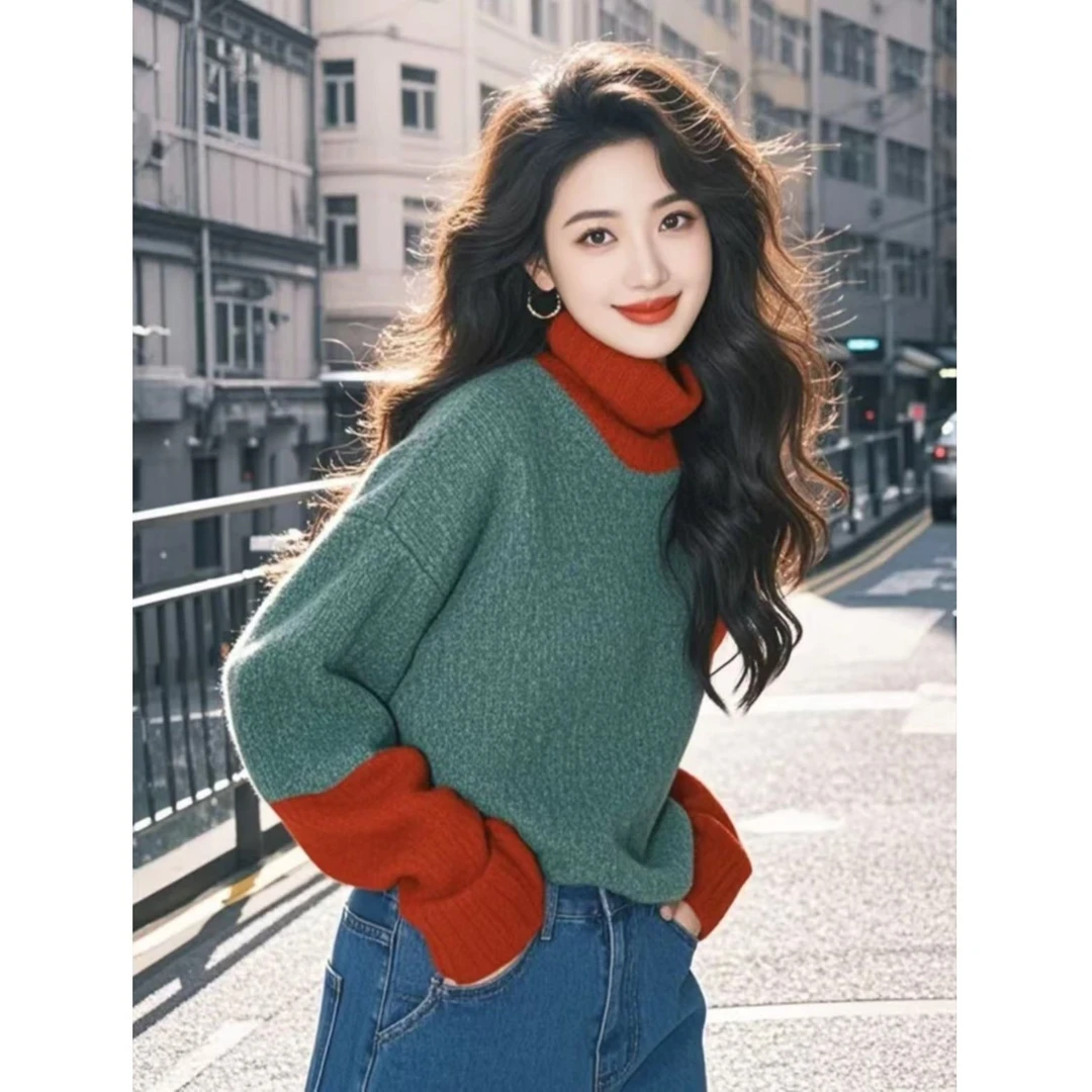 冬季新款时尚外搭针织衫软糯慵懒风高级感法式气质红绿撞色毛衣女