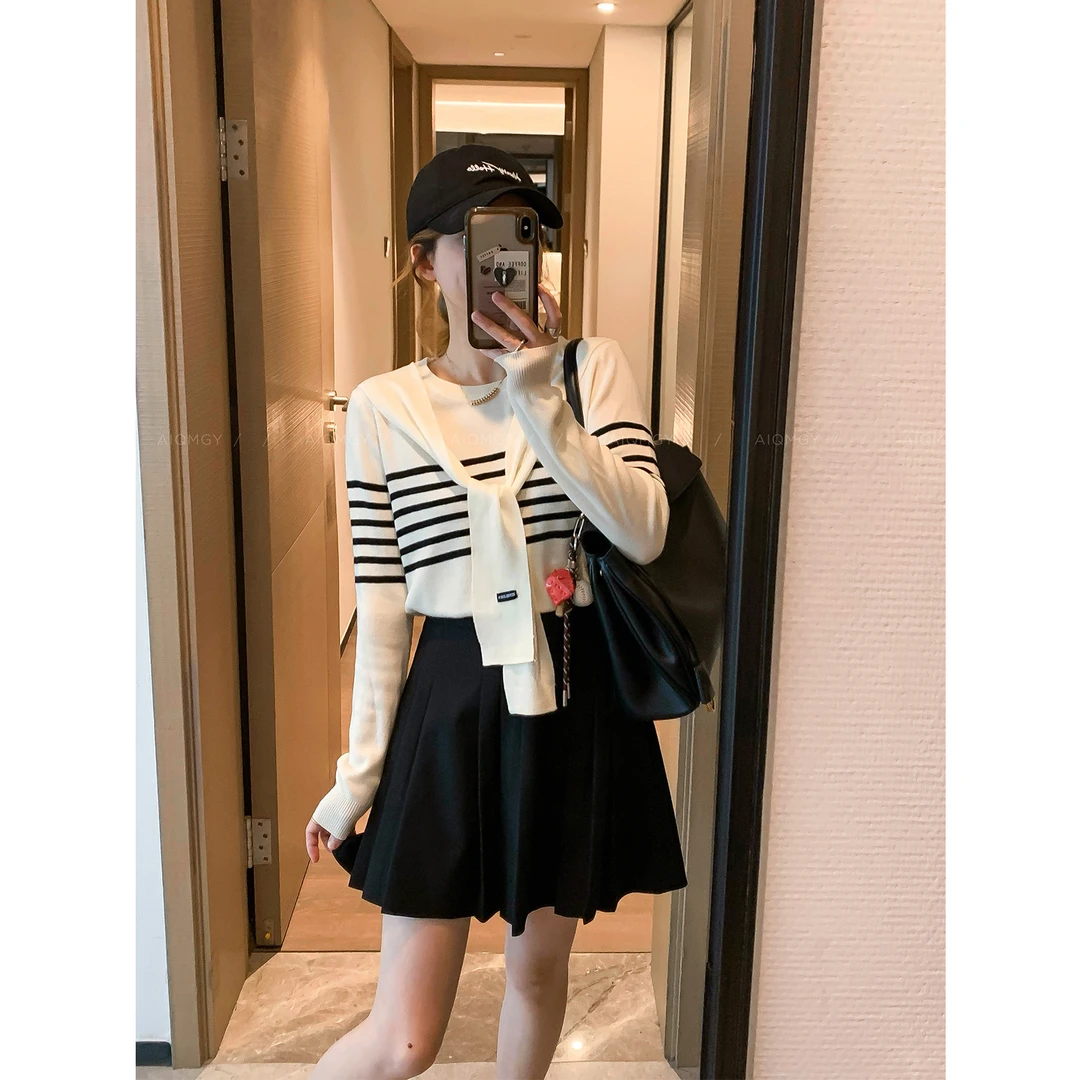 设计感条纹长袖针织衫女2024秋冬新款修身显瘦披肩气质上衣ins