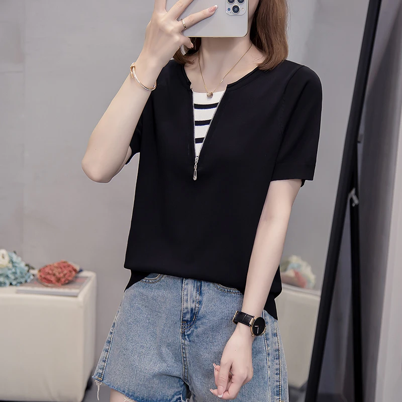 胖mm遮肉显瘦v领假两件针织衫大码气质上衣小众设计感宽松短袖t恤