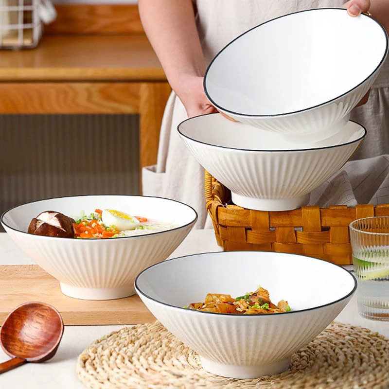 (4只装)8英寸竖纹斗笠碗饭碗餐具家用简约陶瓷大碗大号加厚釉下彩