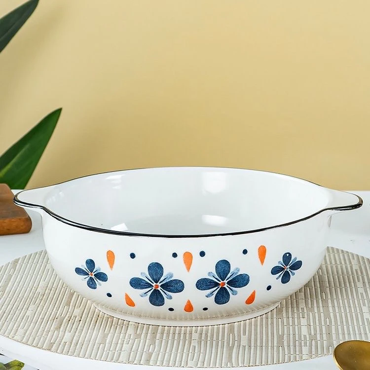 双耳陶瓷大汤碗小蓝花(带耳尺寸27厘米)高温下彩可微波炉