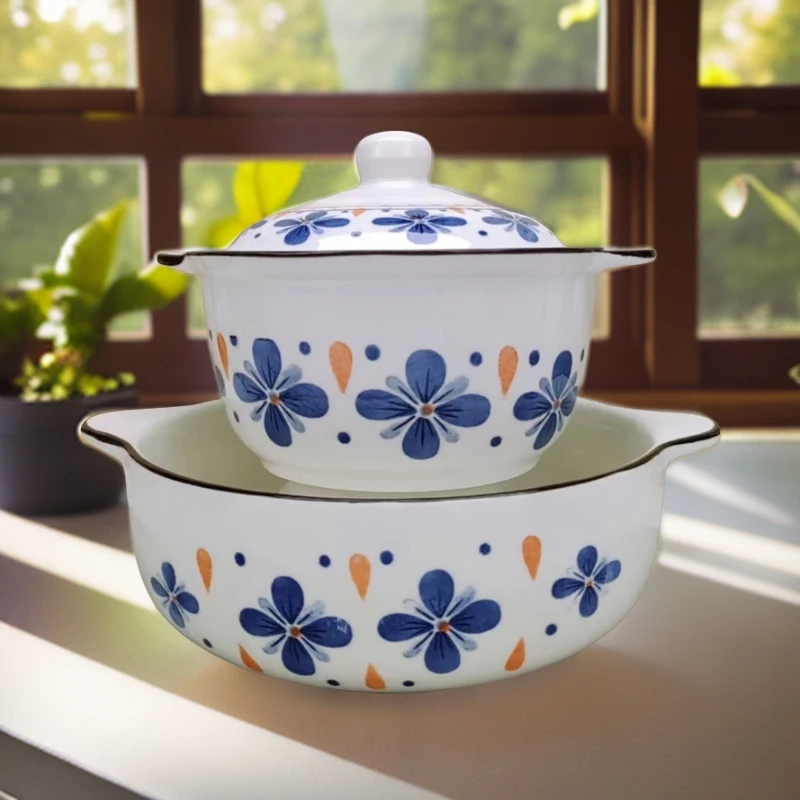 10.5英寸汤碗无盖+8.2英寸双耳加盖耐高温陶瓷汤碗不可明火