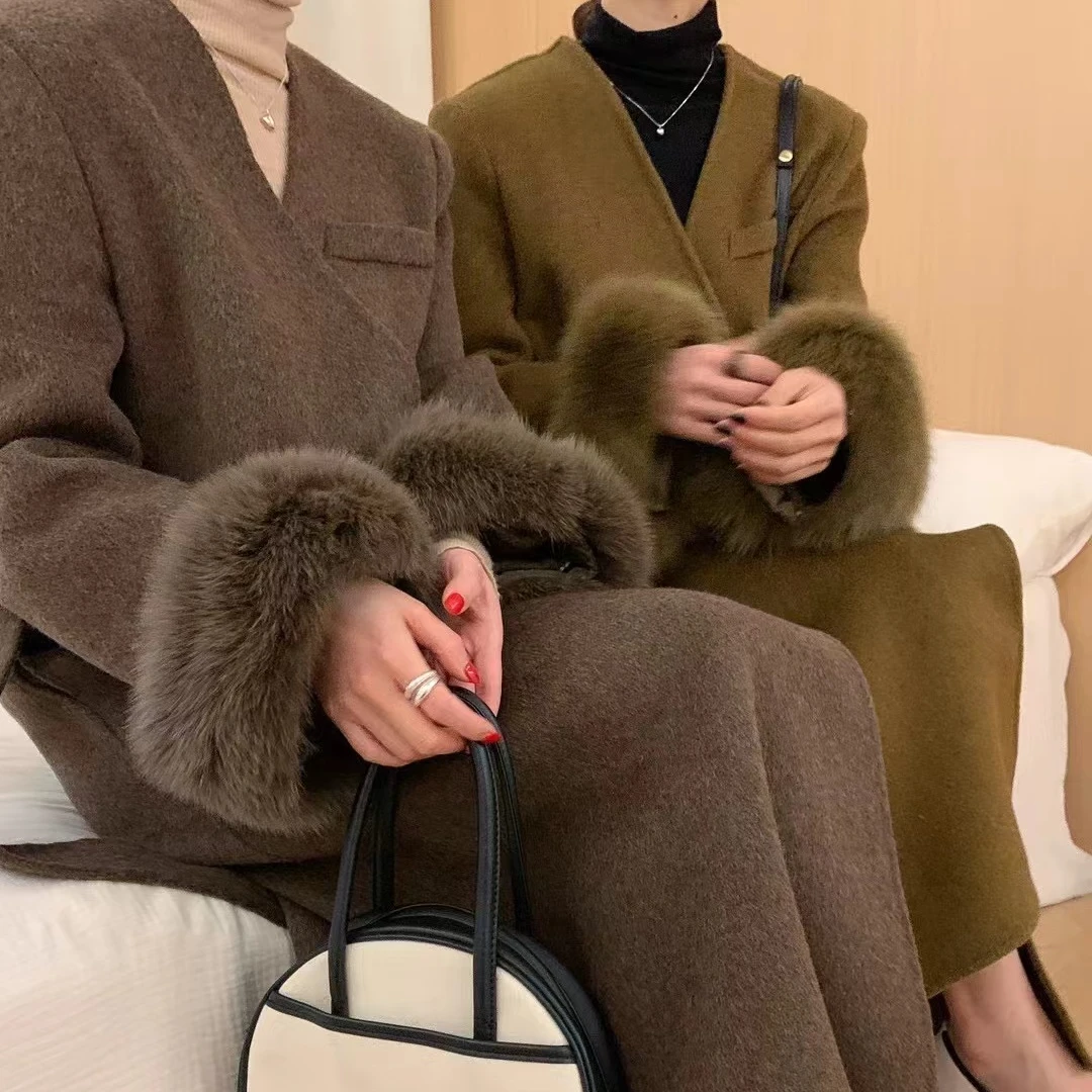 2024秋冬新款高级感双面毛呢大衣女气质中长款双排扣赫本风#2538