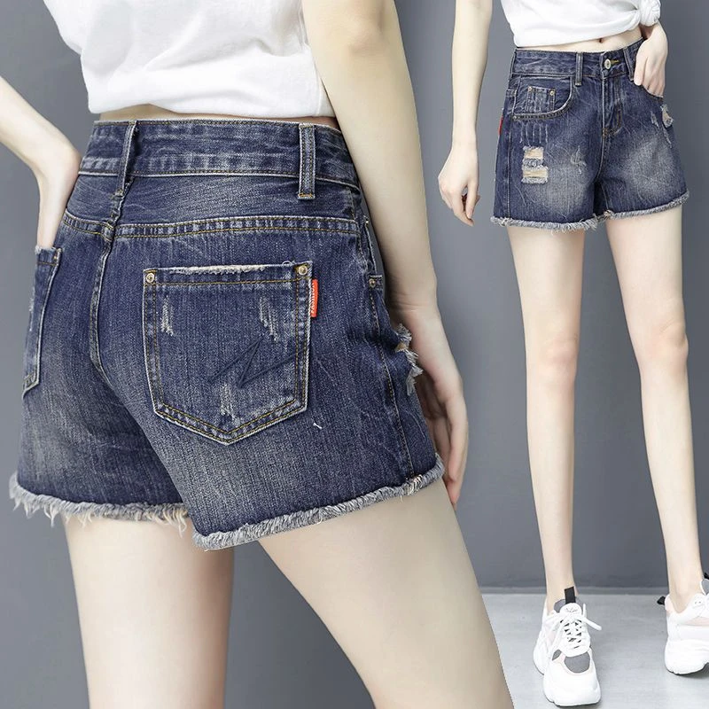 破洞牛仔短裤子女高腰宽松显瘦大码时尚百搭外穿毛边短裤夏季薄款