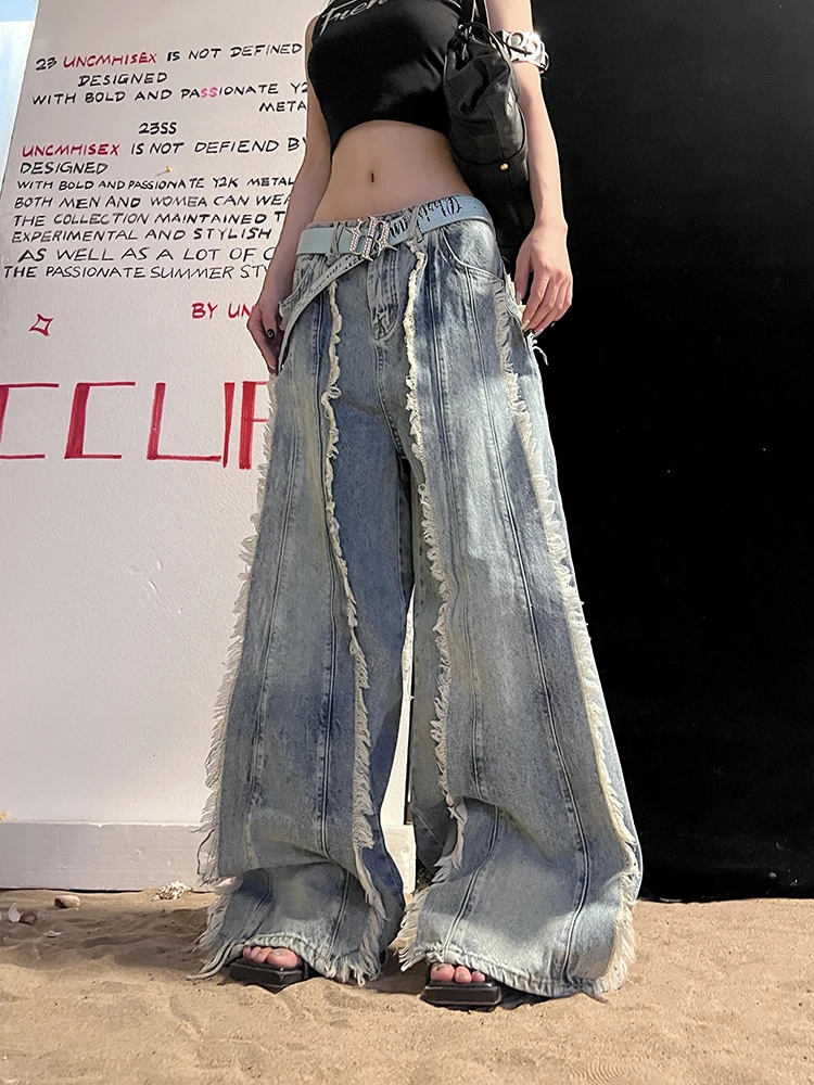 6NE美式辣妹风流苏拼接中低腰牛仔裤女情侣高腰宽松阔腿破洞长裤