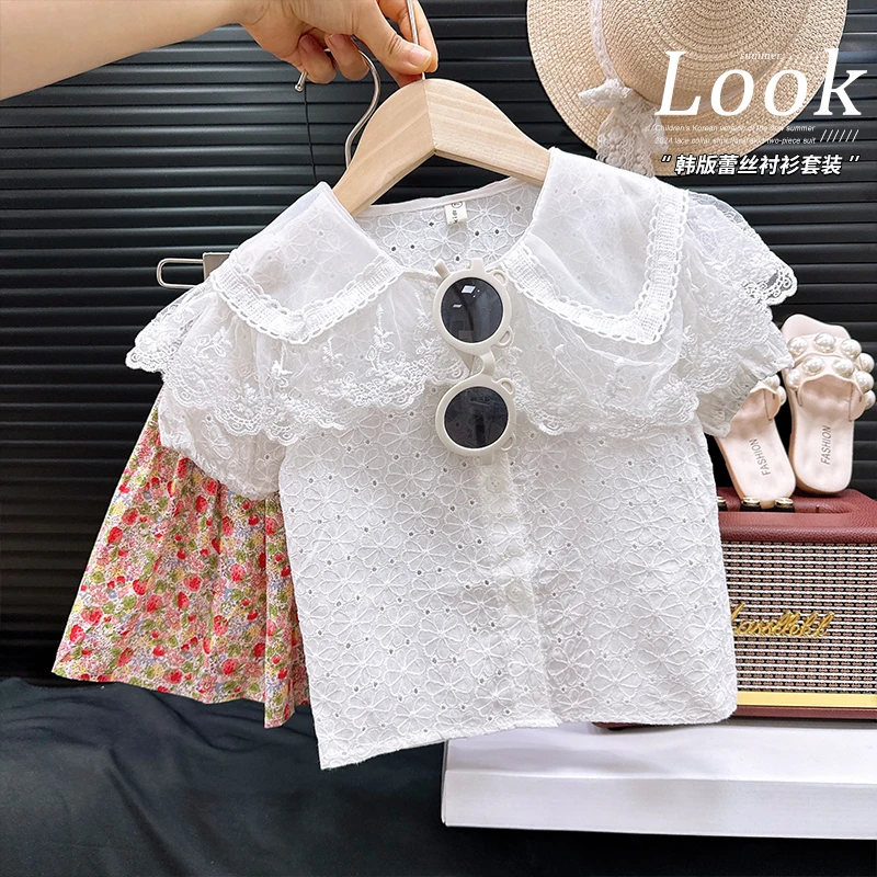 女童韩系套装2024夏季新款儿童花边领衬衫碎花裙洋气两件套Q6507X