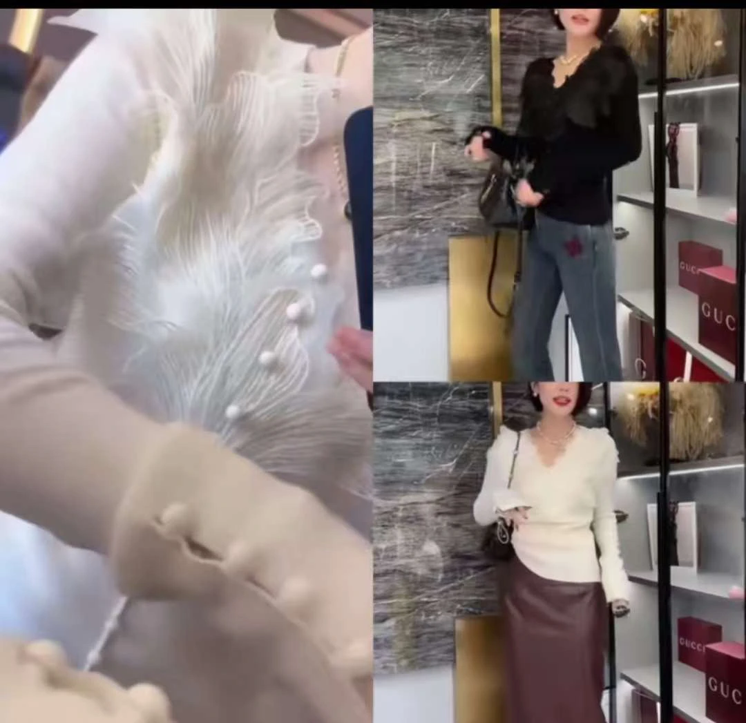 法式气质重工花瓣蕾丝V领针织羊毛打底女装优雅时尚修身