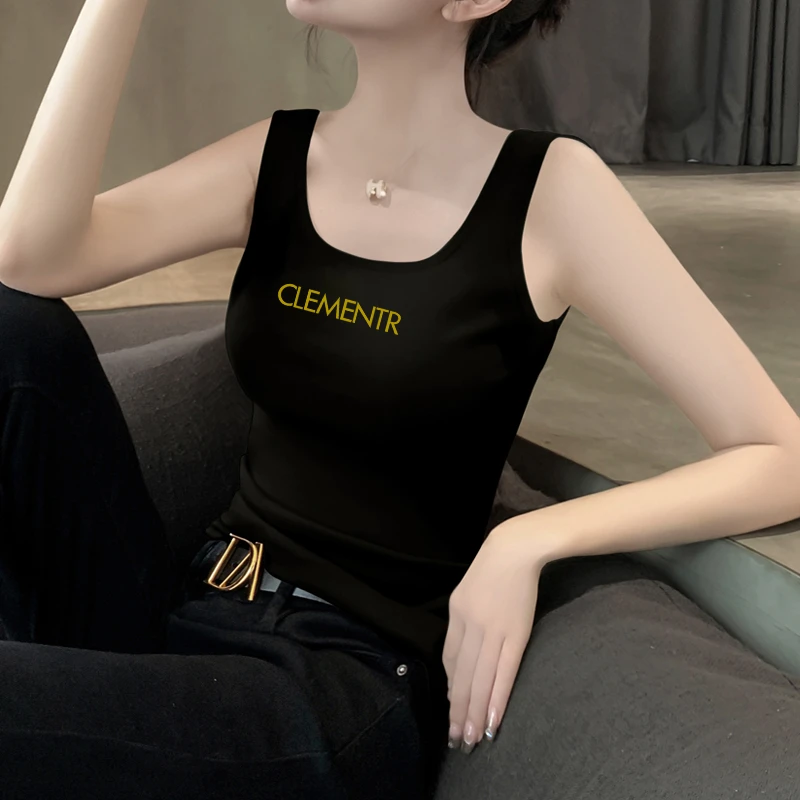 黑色纯棉吊带背心女内搭打底夏季外穿修身显瘦无袖美背印花上衣潮
